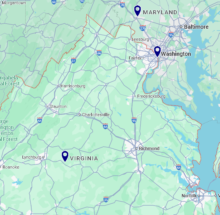 A regional map of Virginia and Maryland with blue location pins on Virginia, Washington D.C., and Maryland.