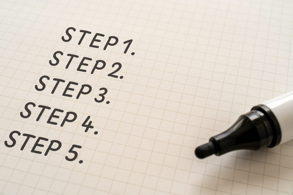 Hand-written list on a white card showing steps 1 through 5 with a black marker.