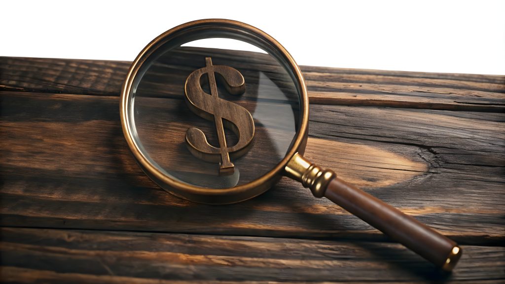 Magnifying glass over a wooden surface highlighting a dollar sign.