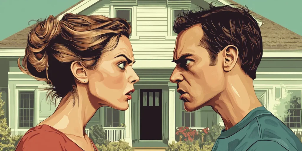 Profile view of a man and woman arguing with a suburban house in the background.