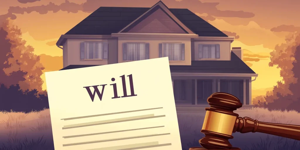 A house model, legal gavel, and "Will" document representing a finalized estate sale.