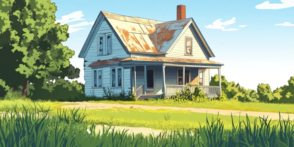 A small, weathered cottage with a single dormer window and overgrown grass.