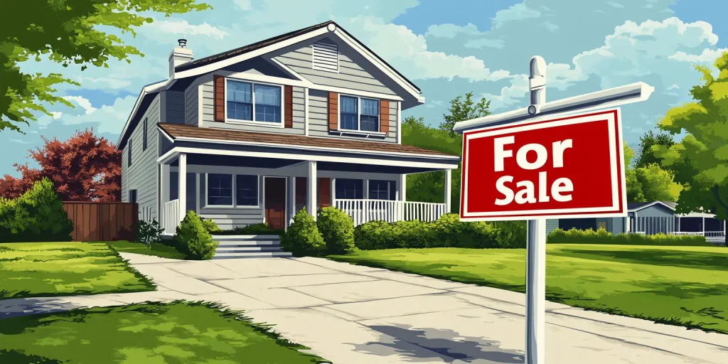 A clean suburban house listing with a red "For Sale" sign and blue sky.