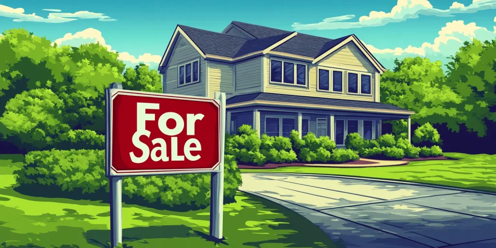 Bright, clean suburban house listing with a red for sale sign under a clear blue sky.