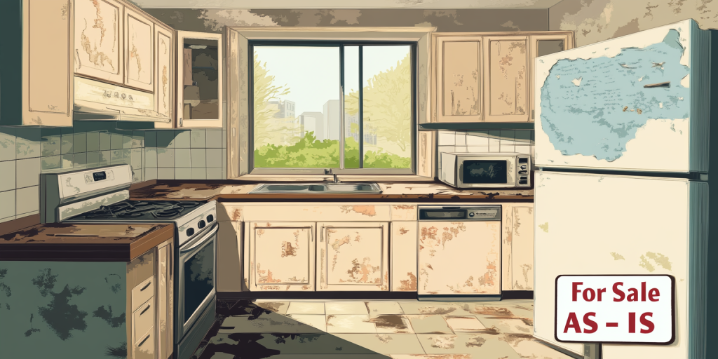 Interior of an outdated kitchen with a "For Sale AS-IS" sign on the counter.