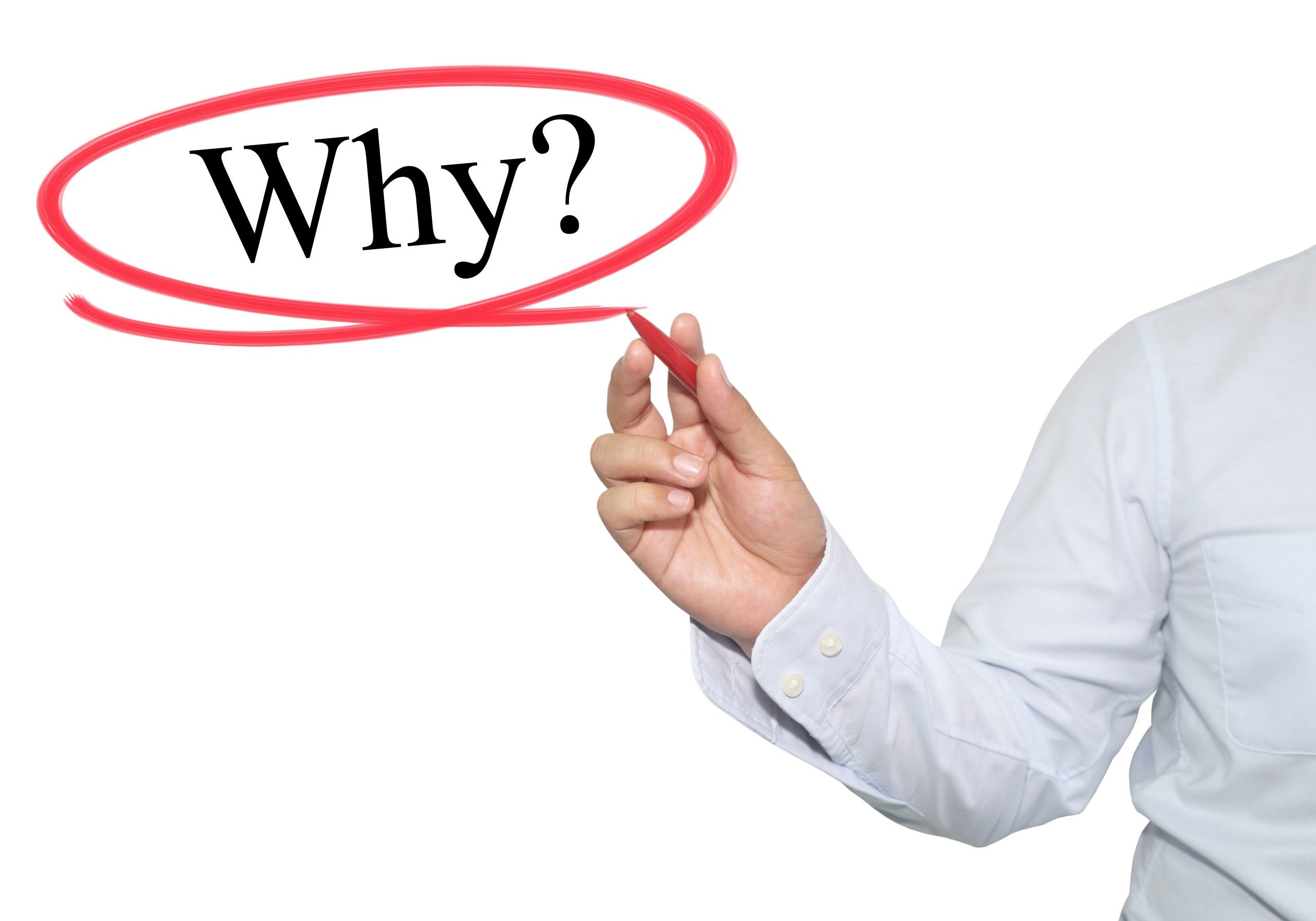 Hand of a professional real estate consultant writing the word "Why?" on a whiteboard.