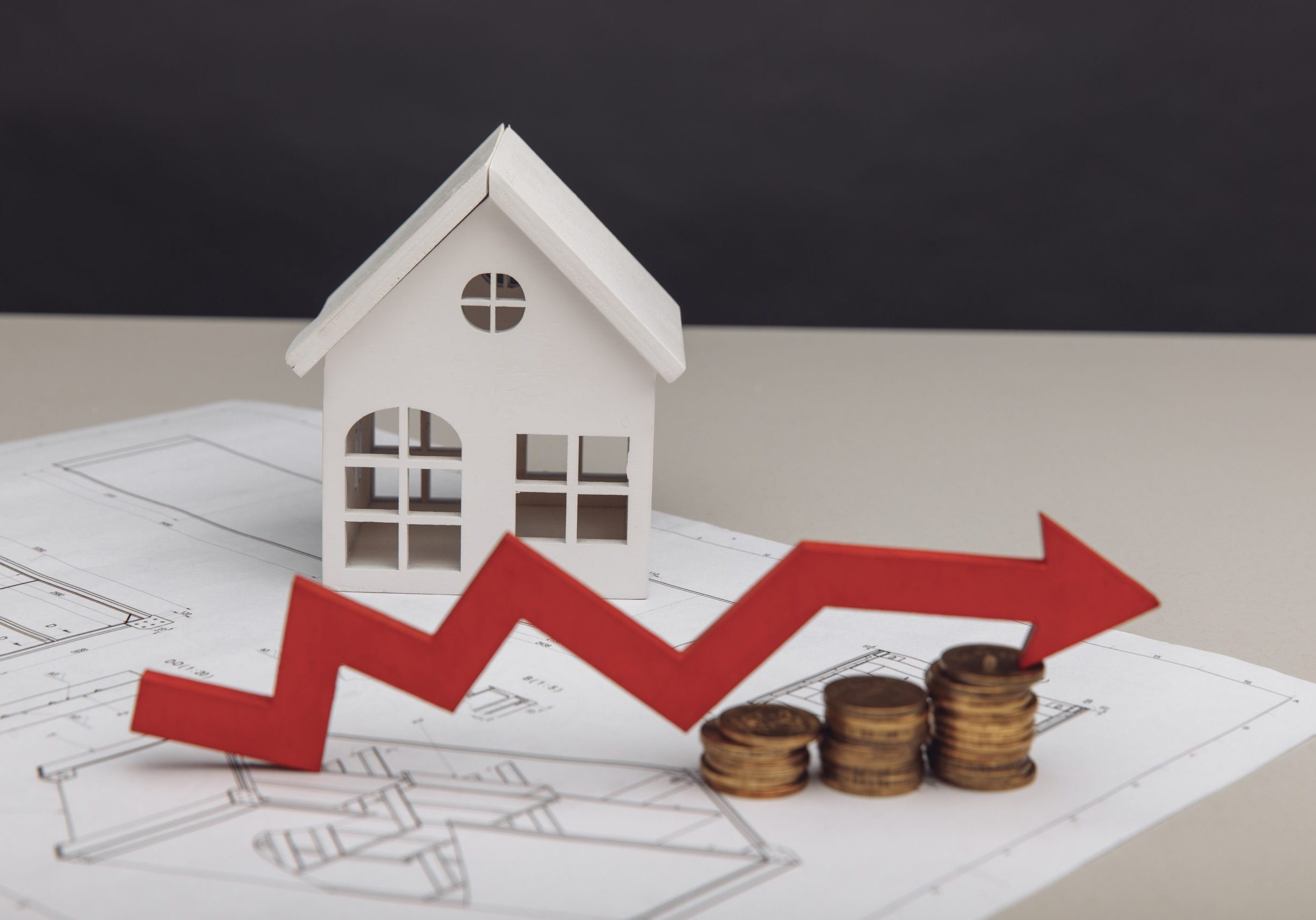 Small house model on a graph showing a downward-sloping red arrow.